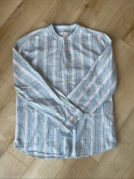 springfield Other - Casual Light Blue Striped Band-Collar Shirt